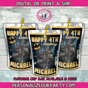 batman capri sun labels-digitl-printed-batman party favors-batman birthday party-superhero party favors-juice pouch labels-snack bag favors