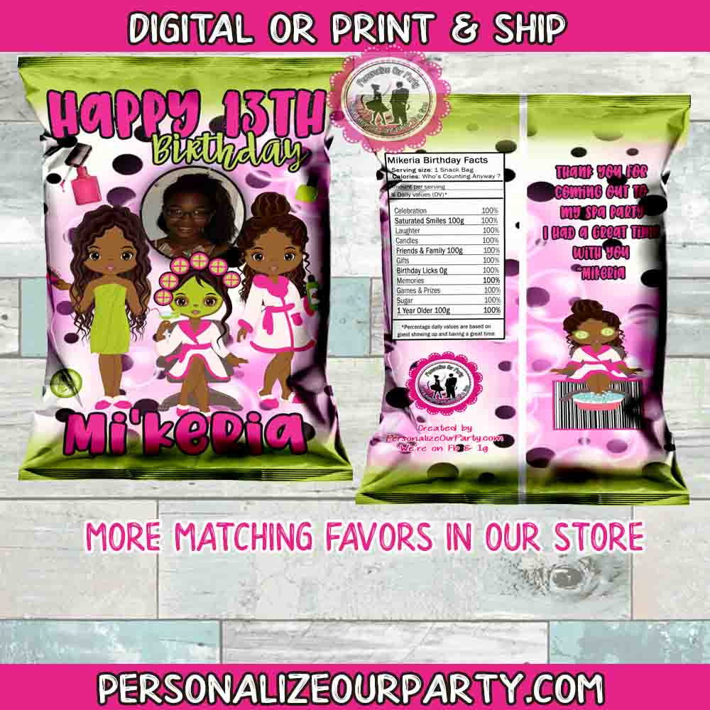 spa party personalized chip bag wrappers-spa chip bag favors-spa candy bag favors-digital-printed-spa sleep over party favors-spa favors