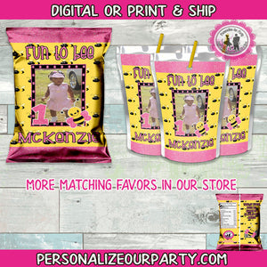 bee party chip bags/wrappers-1st birthday party favors-bee party-fun to be onecapri sun labels-digital-print-first birthday party favors