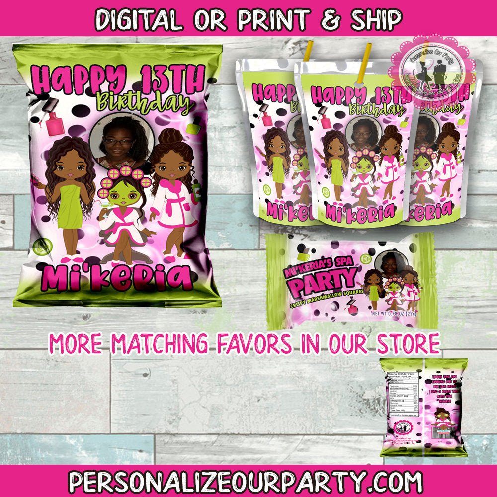 Spa girls party package-spa party-spa party favors-spa birthday-digital-printed-chip bag-rice krispy treat-capri sun lables-sleep over party