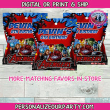 Load image into Gallery viewer, avengers inspired fruit snack wrappers-digital-printed-avengers party favors-avengers party bags-super hero party favors- avengers party