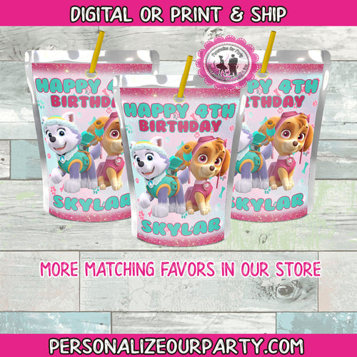 paw patrol skye and everest capri sun labels-paw patrol party favors-paw patrol girls party favors-personalized paw patrol party favors