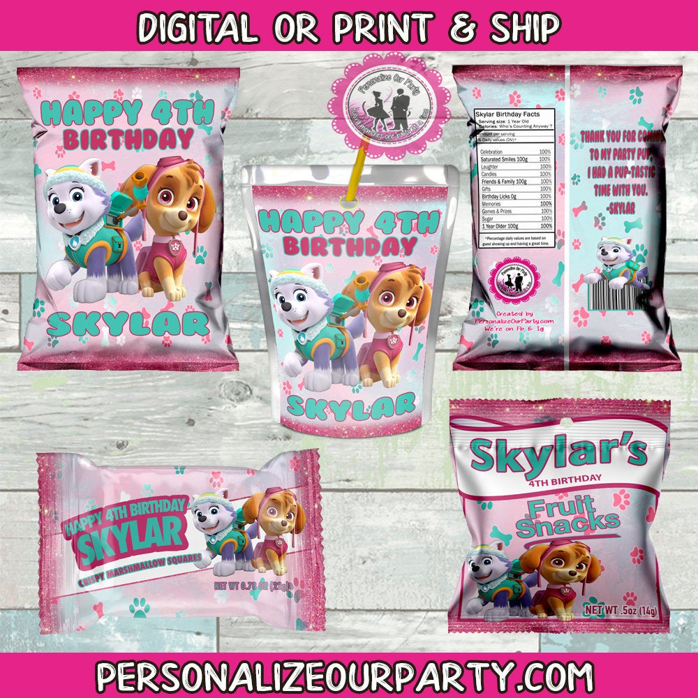 paw patrol girls party favors package-paw patrol party-digital-printed-paw patrol chip bags-juice pouch-snack bag favors-pups party favors