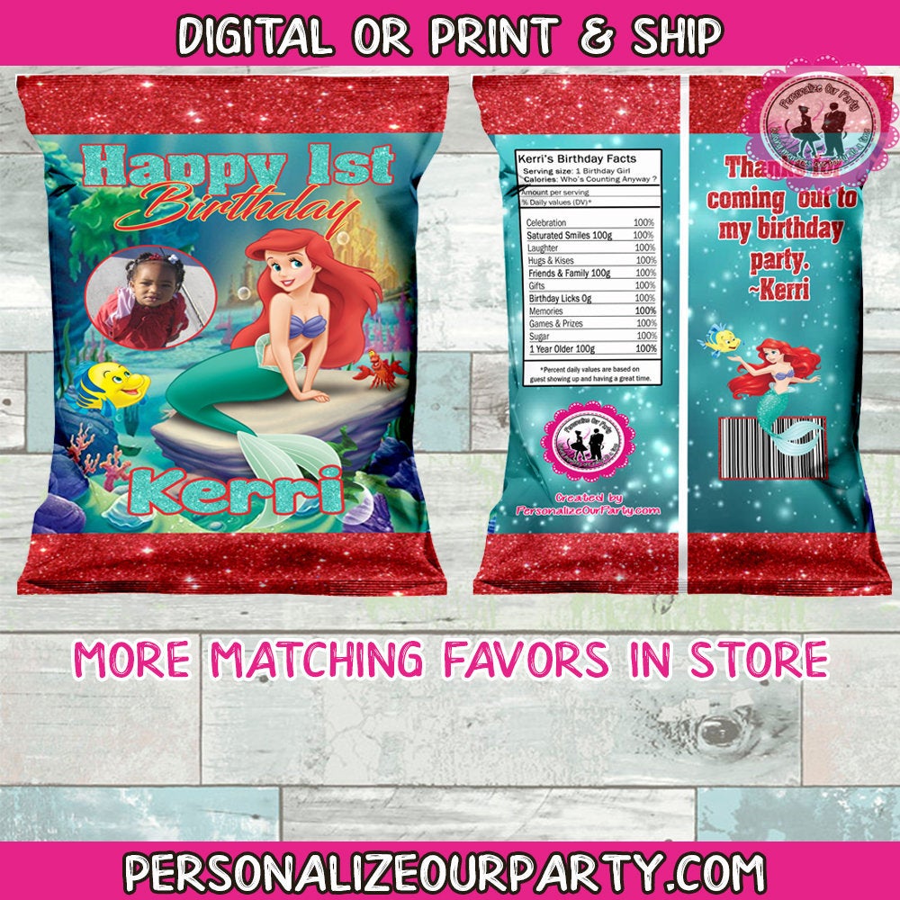 little mermaid chip bag-little mermaid party-mermaid party favors-digital-printed-mermaid custom favors-little mermaid party bags-mermaid