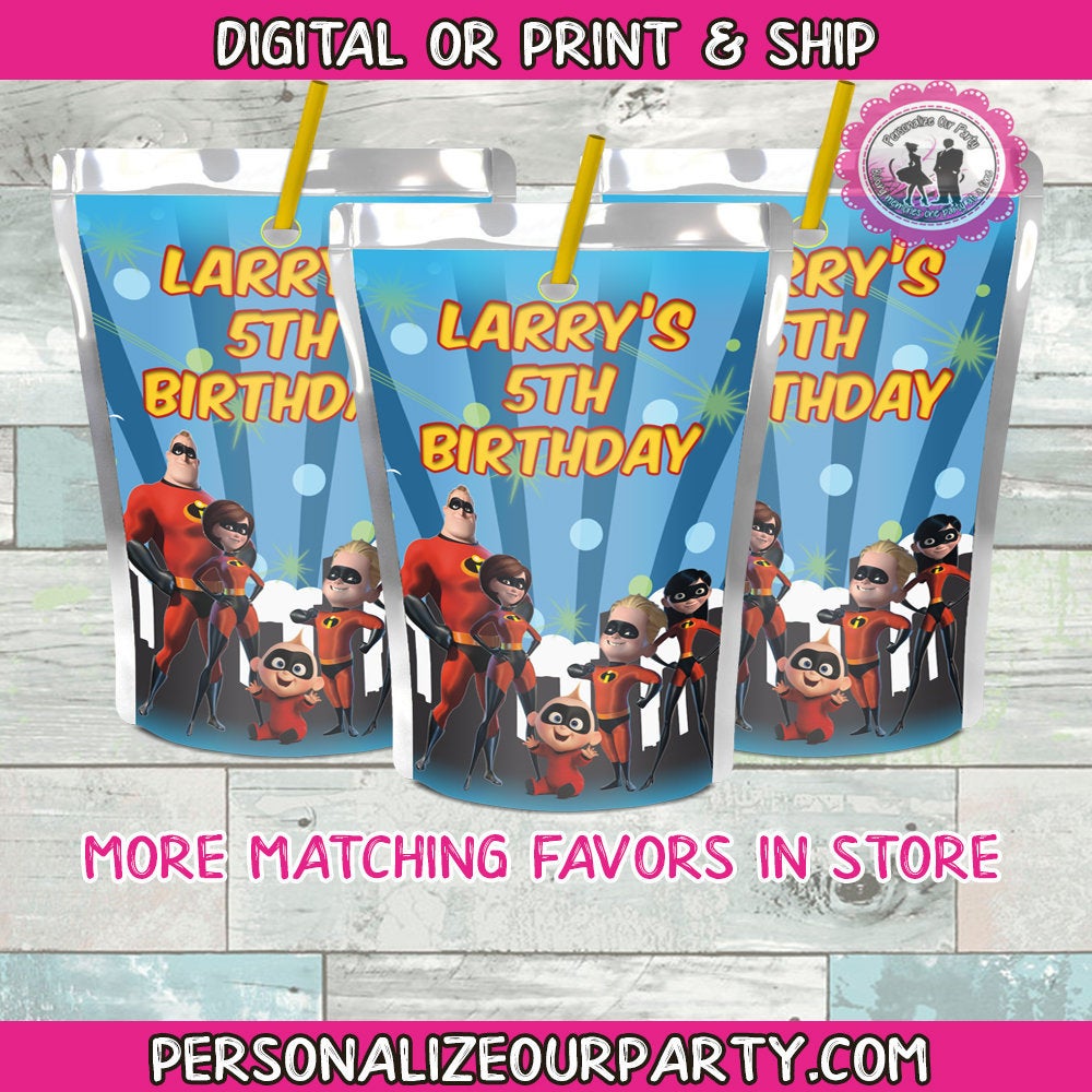 incredibles 2 capri sun stickers-digital-printed-incredibles 2 party decorations and supplies-personalized party favors-treat bag favors