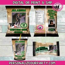 Load image into Gallery viewer, black &amp; gold graduation chip bag/wrappers-digital-print-chip bags-party favors-prom watch party favors-graduation party favors-graduation
