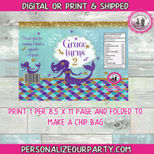 Load image into Gallery viewer, mermaid chip bag wrappers-digital-printed-mermaid party-mermaid first birthday party favors-personalized mermaid chip bags-mermaid treats