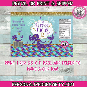 mermaid chip bag wrappers-digital-printed-mermaid party-mermaid first birthday party favors-personalized mermaid chip bags-mermaid treats
