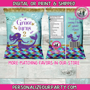 mermaid chip bag wrappers-digital-printed-mermaid party-mermaid first birthday party favors-personalized mermaid chip bags-mermaid treats
