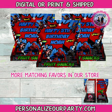 Load image into Gallery viewer, super hero fruit snack wrappers-digital-printed-super hero party-super hero birthday party favors-snack bag favors-treat bag favors-party