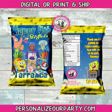 Load image into Gallery viewer, spongebob square pants photo chip bags-sponge bob personalized party favors-sponge bob capri suns labels-digital-printed-chip bag-spongebob