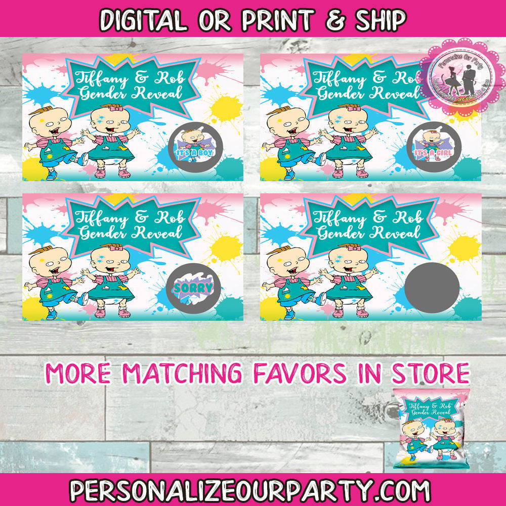 GENDER REVEAL GAME-scratch off card game-baby twins-phil & lil inspired-digital or printed-baby game-custom baby shower games-reveal party