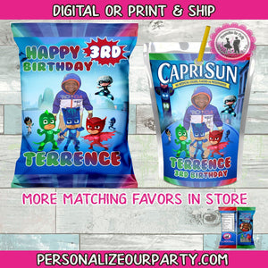 pj masks chip bags and capri sun label-pj masks party favor package-pj masks personalized party favors-chip bag-capri sun-snack bags-wrapper