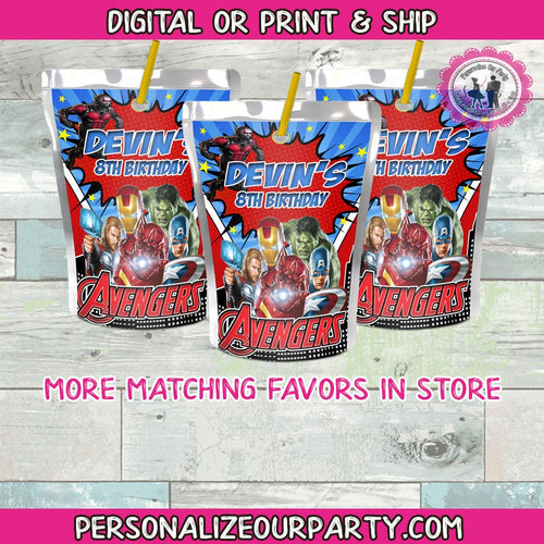 avengers inspired capri sun label-digital-printed-avengers party favors-avengers birthday supplies-avegers party treats-marvel party favors