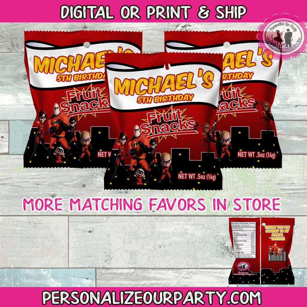 incredibles 2 fruit snacks wrapper-super hero party favors-incredibles 2 party favors-incredibles birthday party favors-digital-printed-