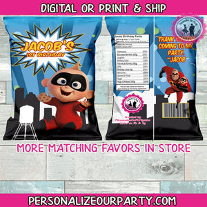 jack jack incredibles 2 chip bag/wrappers-first birthday chip bags-1st birthday party favors-incredibles 2 party-digital-printed-super hero