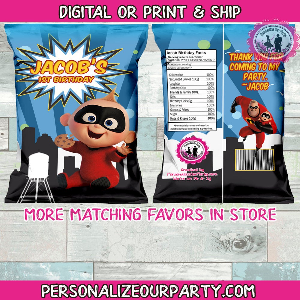 jack jack incredibles 2 chip bag/wrappers-first birthday chip bags-1st birthday party favors-incredibles 2 party-digital-printed-super hero