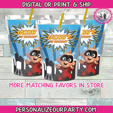 Load image into Gallery viewer, African American jack jack capri sun stickers-incredibles 2-incredibles 2 party favors-boy first birthday party favors-digitl-printed-favors