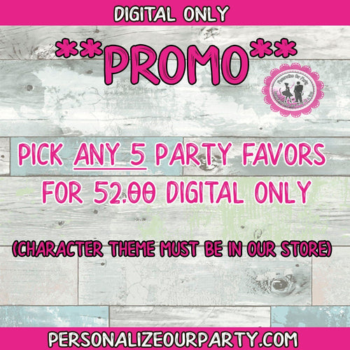 Digital party favors package-Pick any 5 favors-theme must be a theme I have in stock-party favors package-chip bags-juice pouches-digital