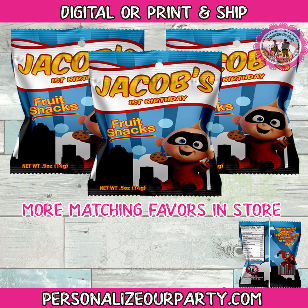 incredibles 2 fruit snack wrappers-jack jack party favors-boys first birthday party favors-incredibles 2 party supplies-digital-printed