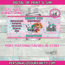 Load image into Gallery viewer, skye paw patrol girls bubbles or labels-digital-printed-paw patrol girls party favors-bubble party favors-paw patrol birthday-personalized