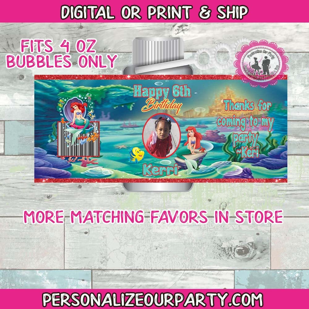 little mermaid bubbles or labels-digital-printed-mermaid party favors-mermaid party supplies-little mermaid party bubbles-treat bag favors