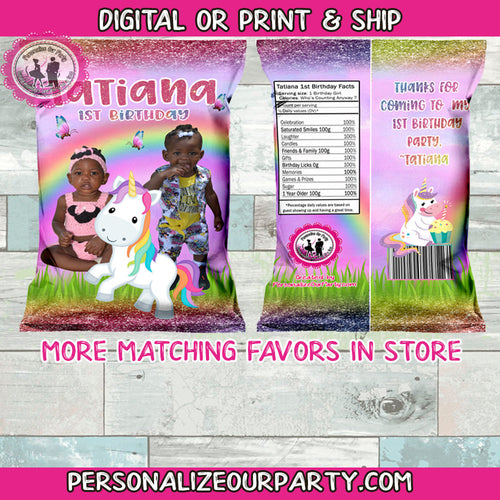 unicorn chip bag with custom photo-unicorn snack bag-pony party favors-unicorn party bag-digital-printed-first birthday-unicorn party favors