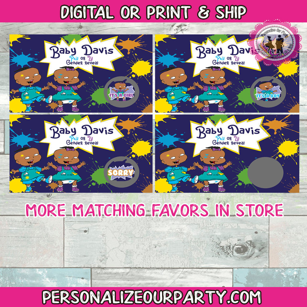 GENDER REVEAL GAME-african american phil and lil scratch off card game-baby twins-personalized baby shower games-gender reveal party game