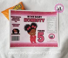 Load image into Gallery viewer, boss baby girl chip bag-African American baby-digital-printed-boss baby party favors-personalized boss baby chip bag-girls first birthday
