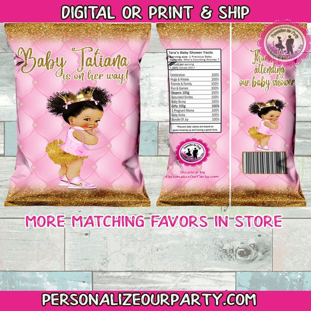 pink and gold baby shower chip bag wrapper-baby shower party favors-princess 1st birthday chip bag-baby shower chip bag-baby shower favors-