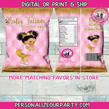 Load image into Gallery viewer, baby girl princess chip bags/wrappers-princess party favors-african american princess-digital-print-party favors- pink &amp; gold party favors