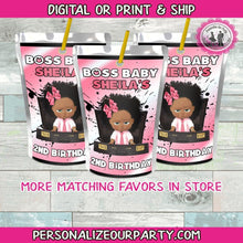 Load image into Gallery viewer, African american boss baby girl juice pouch labels-digital-printed-boss baby girl party favors-capri sun-boss baby girl birthday party favor