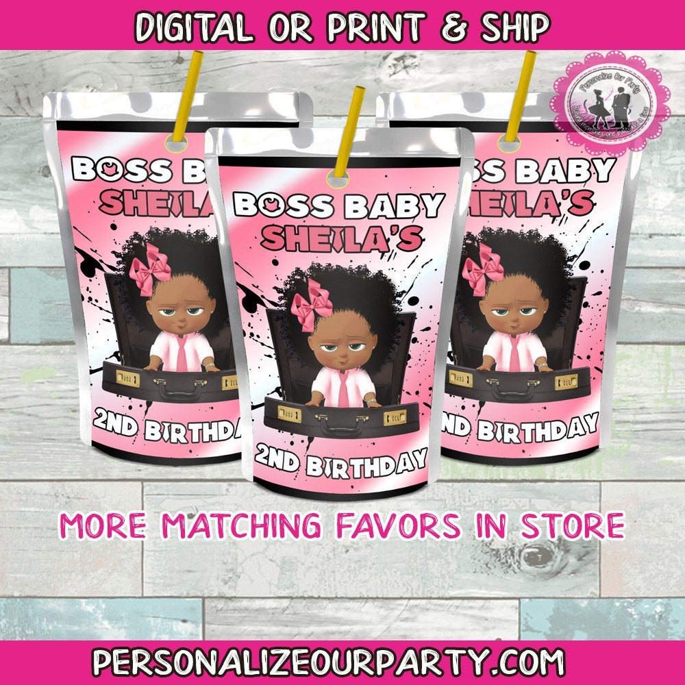 African american boss baby girl juice pouch labels-digital-printed-boss baby girl party favors-capri sun-boss baby girl birthday party favor