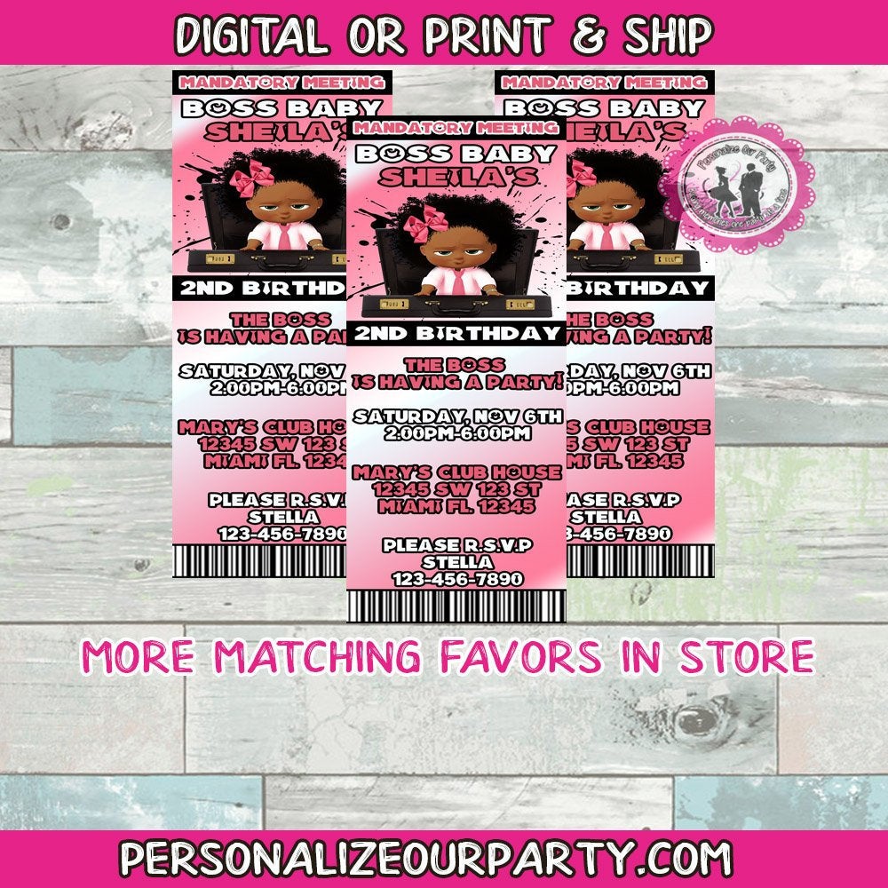 African American boss baby girl party invitations-digital-printed-boss baby invitation-boss baby girl party favors-boss baby girl party