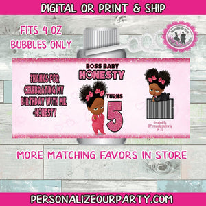 boss baby girl 4oz bubble labels- boss baby girl party favors-digital-printed-african american boss baby girl birthday favors-boss baby girl