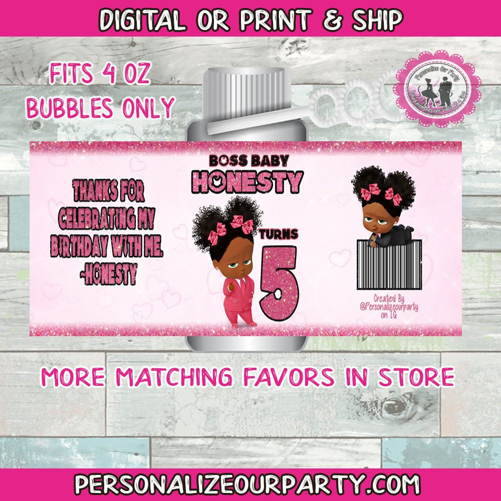 boss baby girl 4oz bubble labels- boss baby girl party favors-digital-printed-african american boss baby girl birthday favors-boss baby girl