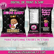 Load image into Gallery viewer, boss baby girl baby shower chip bag wrappers-1 digital file or 1 dozen printed wrappers