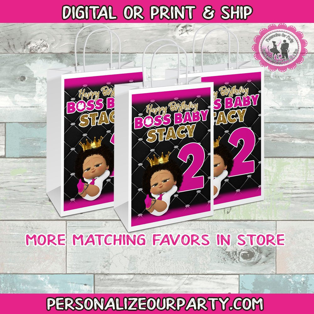 boss baby girl party bags-African American boss baby girl-gift bags-digital-printed-boss baby girl treat bags-personalized candy bags-loot