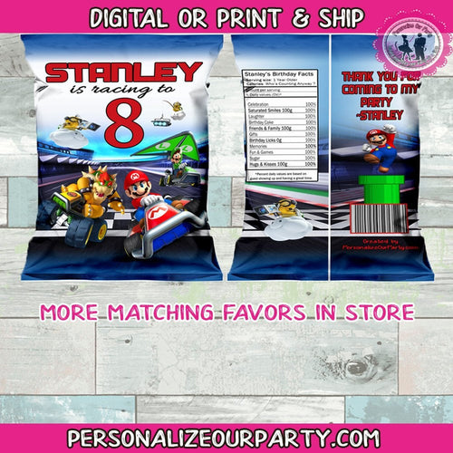 super mario brothers inspired chip bag-mario chip bag wrappers-mario kart party favors-mario kart party-mario birthday party-digital-print