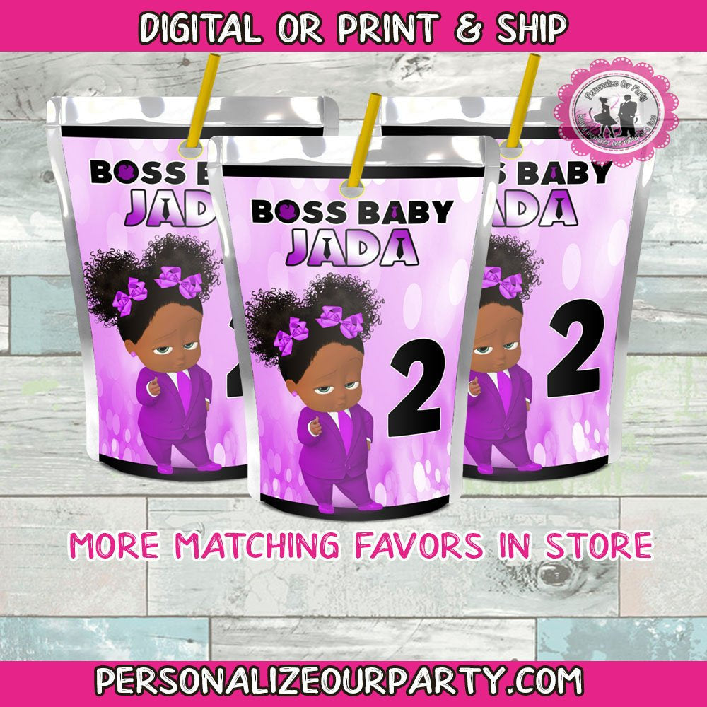 African american boss baby girl capri sun labels-boss baby girl  juice pouch labes-digital-printed-boss baby party favors-personalized favor
