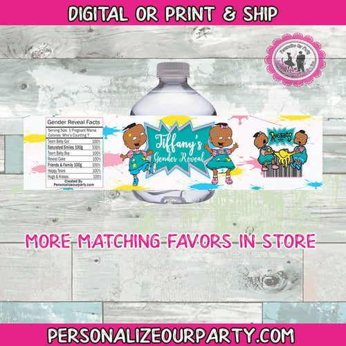 Gender reveal party water bottle labels-African american phil an lil-digital-printed-rugrats party-personalized party favors-birthday-party