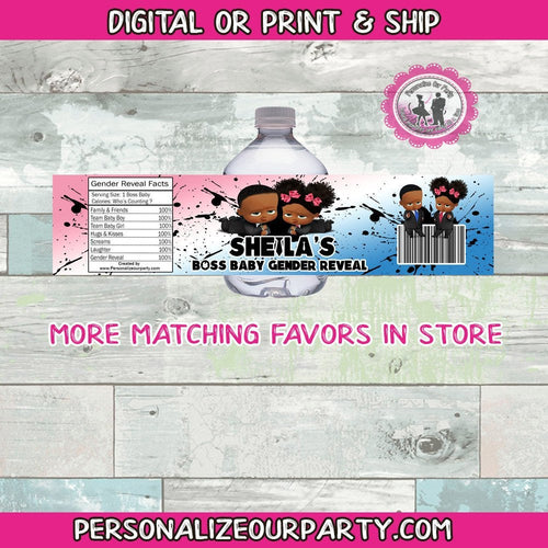 African american Boss baby gender reveal party favors-water bottle labels-boss baby gender reveal party favors-black boss baby girl-party