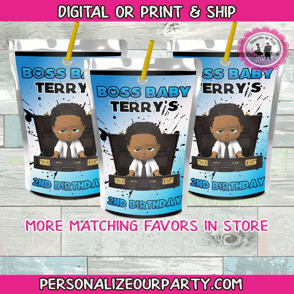 African american boss baby boy juice pouch labels-digital file or 1 dozen printed stickers