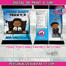Load image into Gallery viewer, african american boss baby chip bag wrappers-boss baby party favors-digital-printed-personalized party favors-first birthday chip bag favors