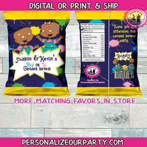 phil and lil african american gender reveal chip bags/wrapper-digital-printed-personalized gender reveal party favors-rugrats-chip bag-favor