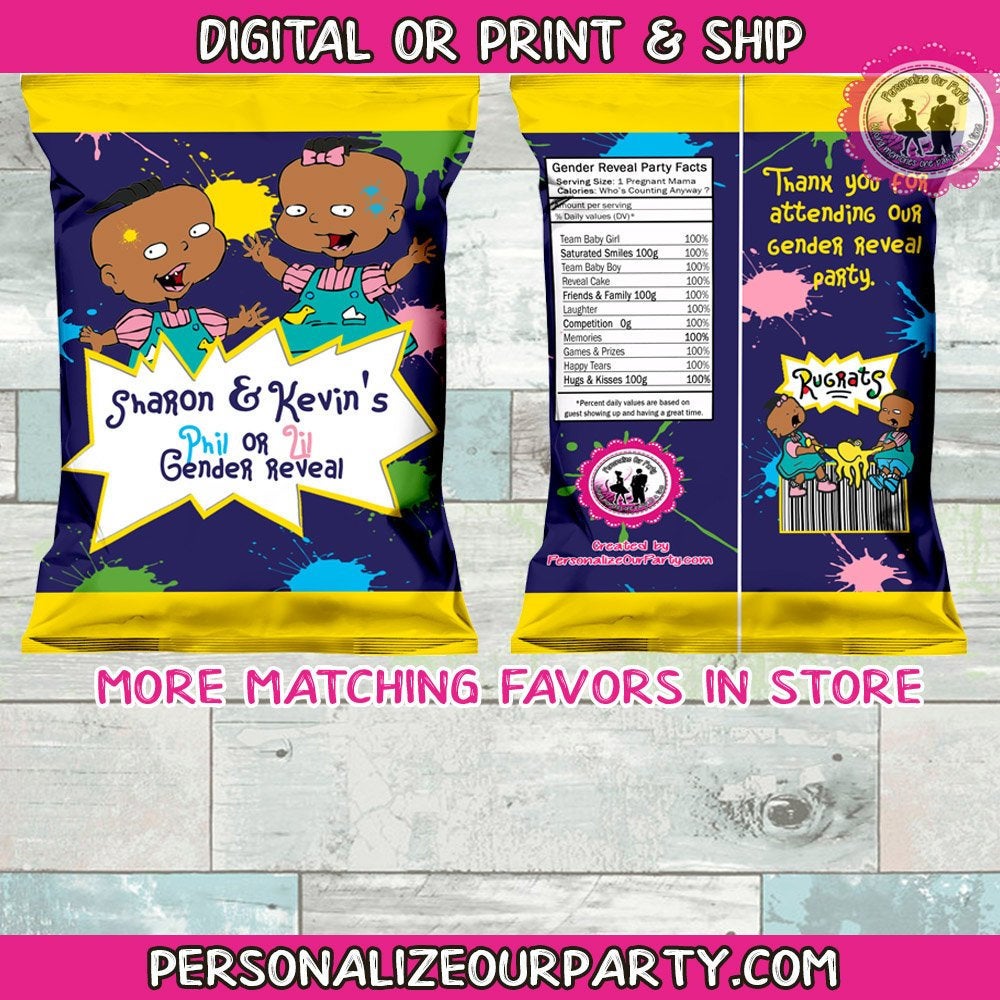 phil and lil african american gender reveal chip bags/wrapper-digital-printed-personalized gender reveal party favors-rugrats-chip bag-favor