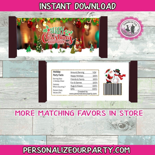 Merry Christmas candy bar wrapper-instant download-holiday party favors-candy bar-Christmas party favors-Christmas favors-hershey's candy