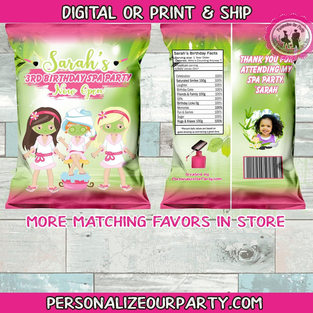 spa party chip bag/wrappers spa party favors-spa birthday-sleep over spa party favors-digital-printed-sleep over spa-custom party favors