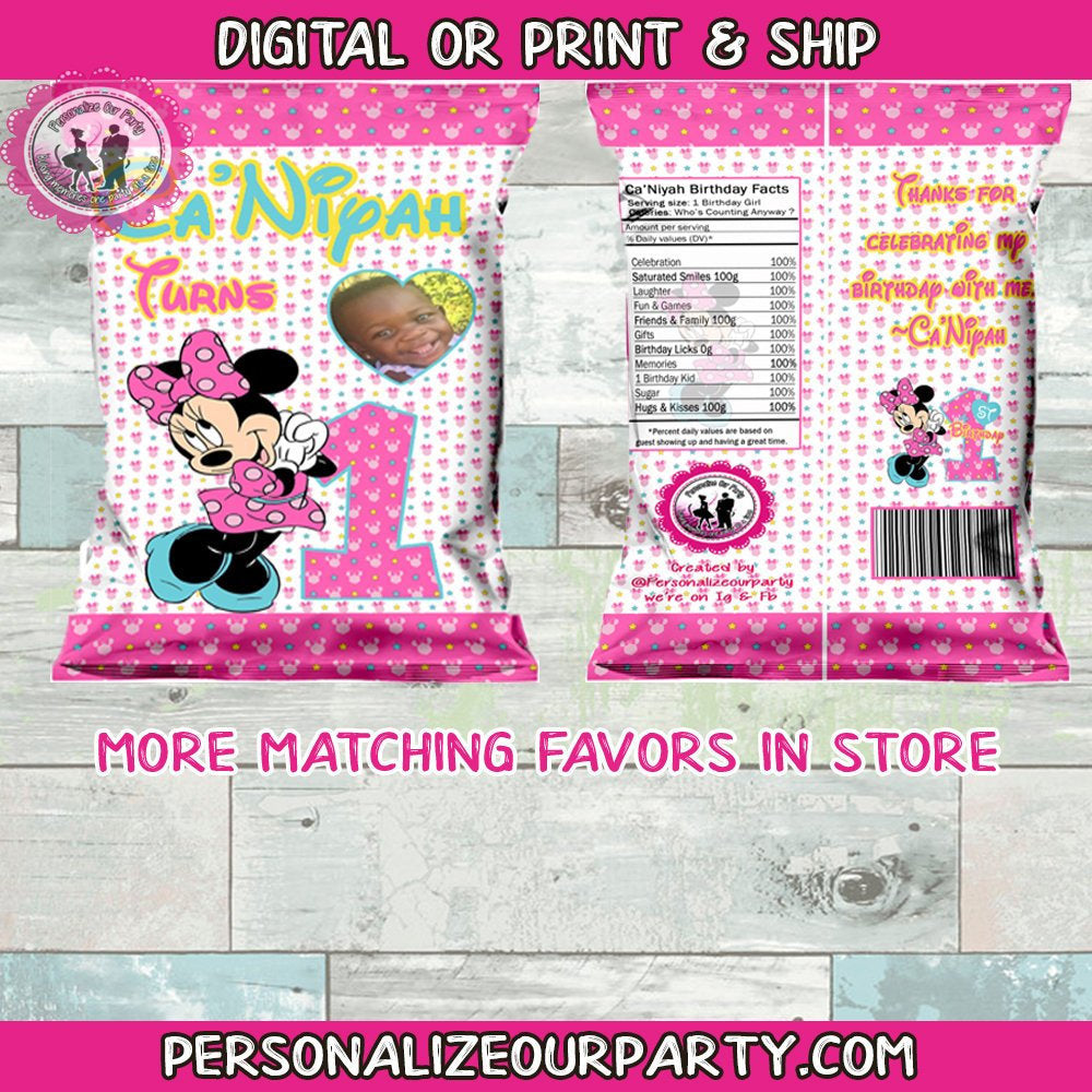 Minnie mouse first birthday chip bag wrappers-1 digital file or 1 dozen printed wrappers