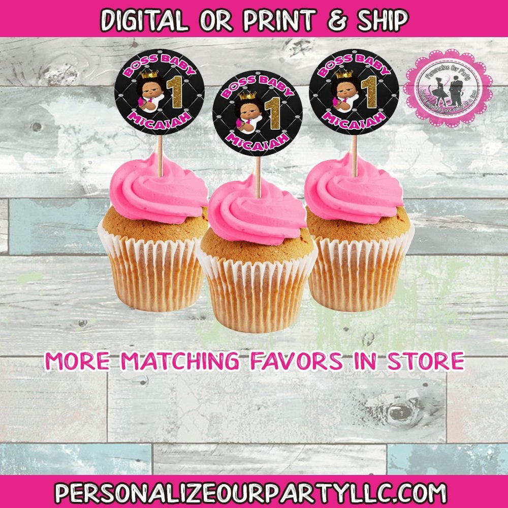 2in circle African american boss baby girl custom cupcake toppers-digital or 1 dozen printed toppers